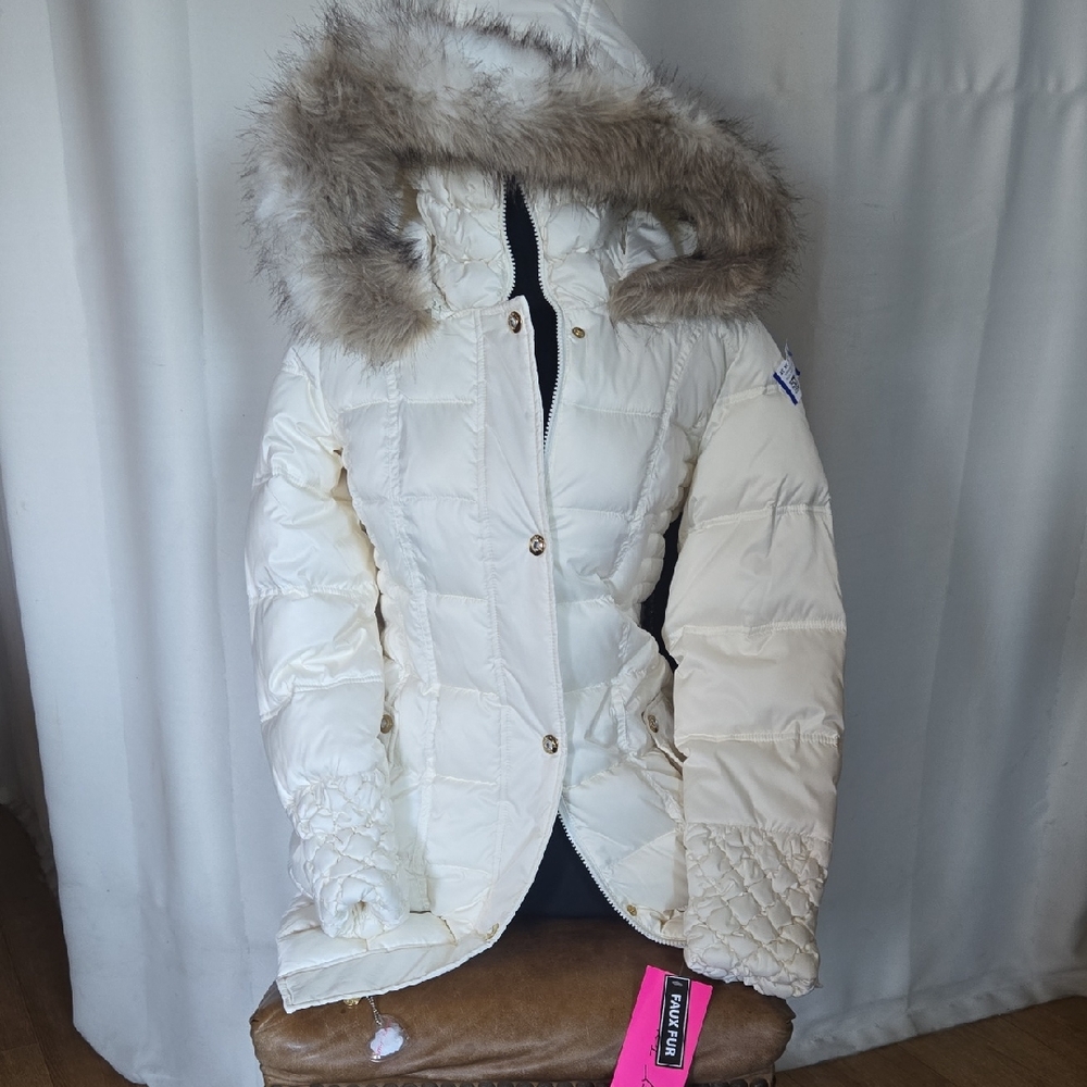 Betsey Johnson Cream Puffer with Faux Fur Trim